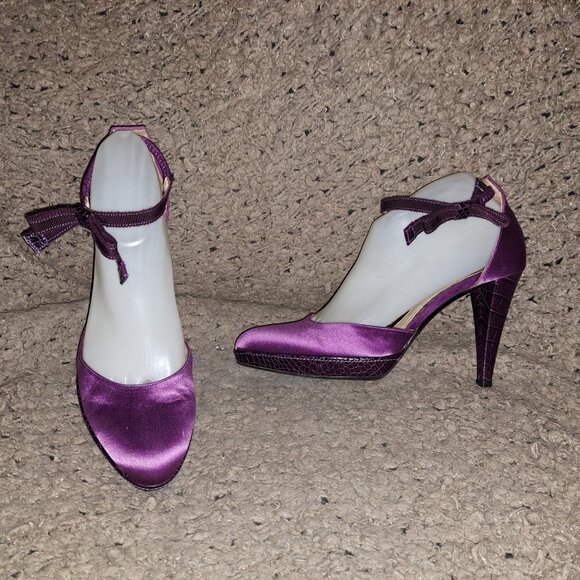 Hugo BOSS-Italy-Purple Satin/Snakeskin Leather-Ankle Wrap-Sz 37-Excellent - Picture 1 of 8
